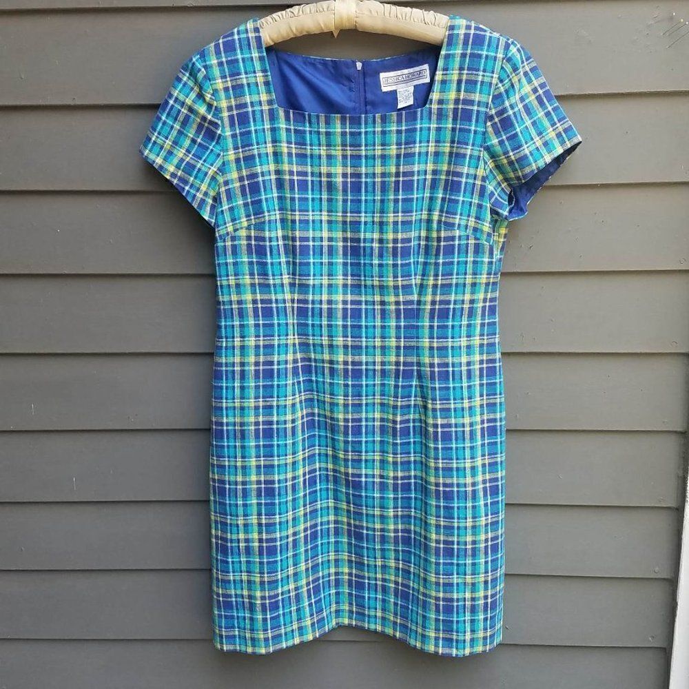 Jessica Howard Retro Blue Plaid Linen Cotton Blend Dress lined size 14
